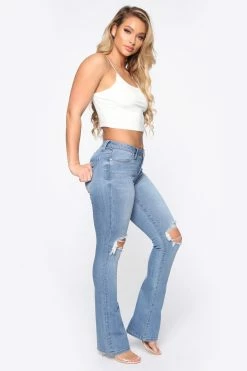 Fashion Nova Bootcut Jeans Jessie Mid Rise Distressed Bootcut Jean - Light Blue Wash