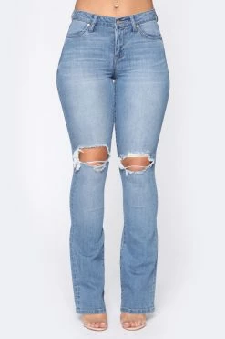 Fashion Nova Bootcut Jeans Jessie Mid Rise Distressed Bootcut Jean - Light Blue Wash
