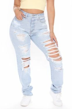 Fashion Nova Favorite Getaway Destroyed Straight Leg Jeans - Light Blue Wash