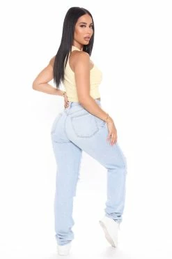 Fashion Nova Favorite Getaway Destroyed Straight Leg Jeans - Light Blue Wash
