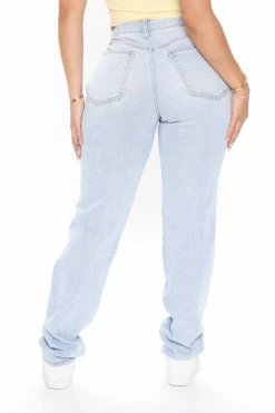 Fashion Nova Favorite Getaway Destroyed Straight Leg Jeans - Light Blue Wash