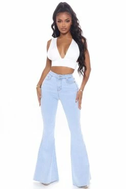 Fashion Nova Feelin' Good Lace Up Stretch Flare Jeans - Light Blue Wash