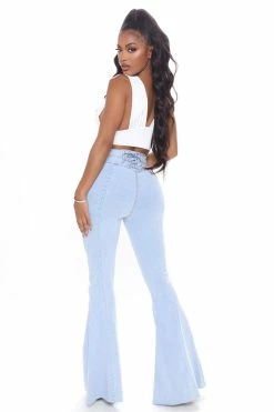 Fashion Nova Feelin' Good Lace Up Stretch Flare Jeans - Light Blue Wash