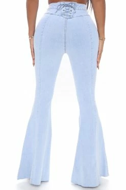 Fashion Nova Feelin' Good Lace Up Stretch Flare Jeans - Light Blue Wash