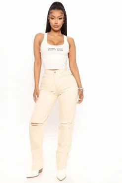 Fashion Nova Save The Date Straight Leg Jeans - Oatmeal