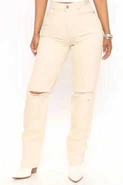 Fashion Nova Save The Date Straight Leg Jeans - Oatmeal