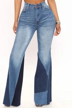 Fashion Nova Let's Toast Two Tone Extreme Flare Jeans - Medium Blue Wash