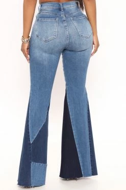 Fashion Nova Let's Toast Two Tone Extreme Flare Jeans - Medium Blue Wash