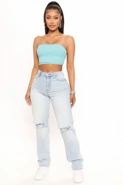 Fashion Nova Beat Me To It Straight Leg Jeans - Light Blue Wash