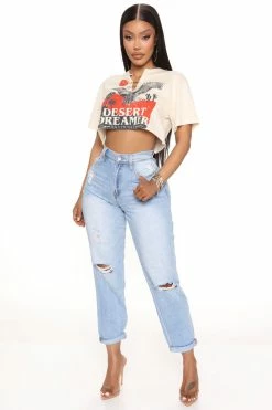 Fashion Nova In The Fastlane Shredded Mom Jeans - Light Blue Wash