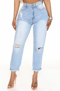 Fashion Nova In The Fastlane Shredded Mom Jeans - Light Blue Wash