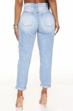 Fashion Nova In The Fastlane Shredded Mom Jeans - Light Blue Wash
