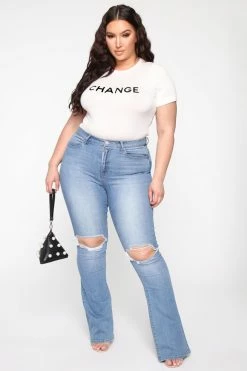 Fashion Nova Bootcut Jeans Jessie Mid Rise Distressed Bootcut Jean - Light Blue Wash