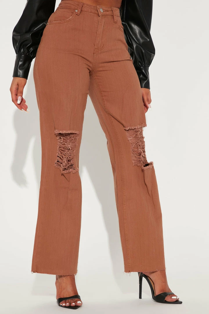 Fashion Nova Set Me Free Ripped Straight Leg Jeans - Brown