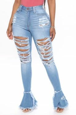 Fashion Nova Fray What You Mean Flare Leg Jeans - Medium Blue Wash