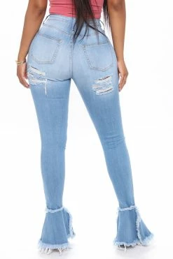 Fashion Nova Fray What You Mean Flare Leg Jeans - Medium Blue Wash