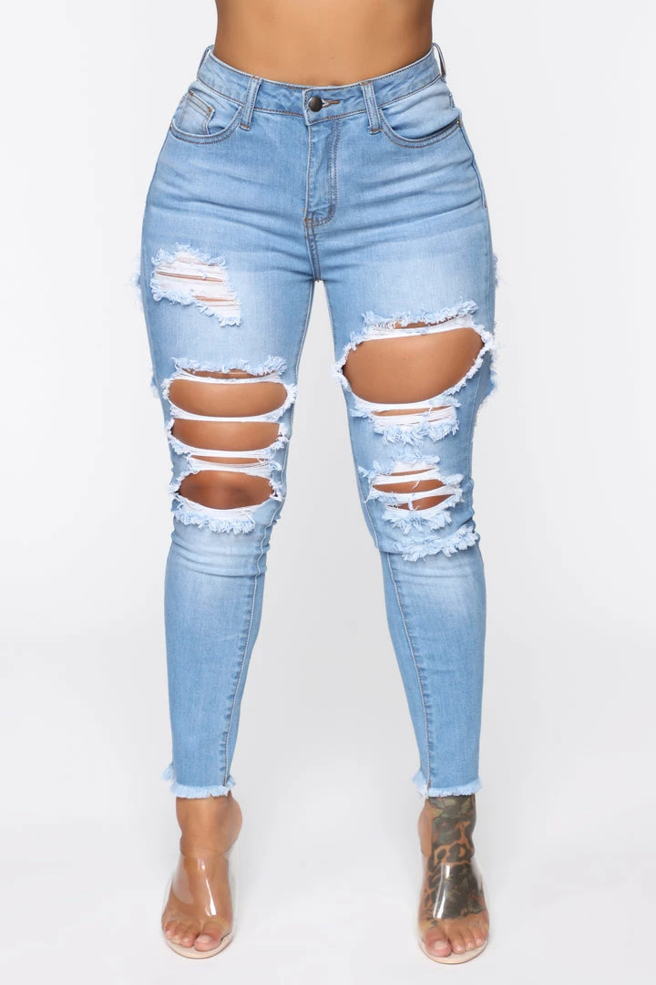 Fashion Nova Talk Of The Town Distressed Skinny Jeans - Light Blue Wash