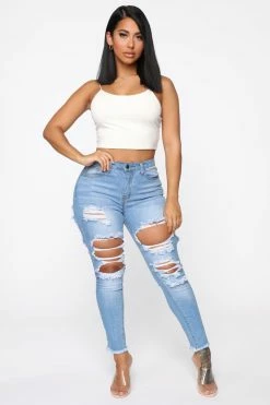 Fashion Nova Talk Of The Town Distressed Skinny Jeans - Light Blue Wash