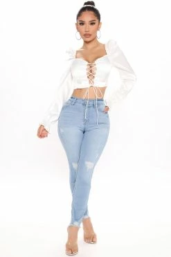 Fashion Nova Skinny Jeans Different City Every Night Distressed Ankle Jeans - Light Blue Wash