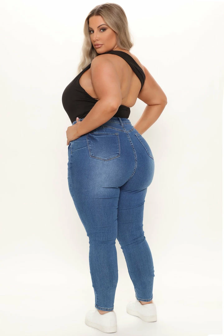 Fashion Nova Skinny Jeans Too Much Booty Low Rise Jeans - Medium Blue Wash