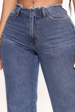 Fashion Nova Cut Off Waistband Straight Leg Jeans - Medium Blue Wash