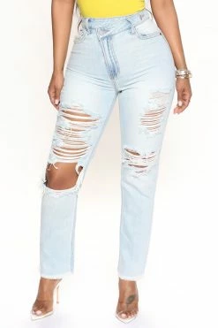 Fashion Nova Public Affair Crossover Ripped Mom Jeans - Light Wash