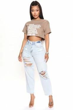 Fashion Nova Lakewood Loose Ripped Mom Jeans - Light Blue Wash