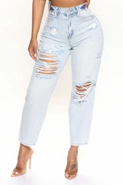 Fashion Nova Lakewood Loose Ripped Mom Jeans - Light Blue Wash