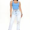 Fashion Nova Crossover Ripped Boyfriend Jeans - Light Blue Wash