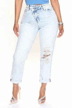 Fashion Nova Crossover Ripped Boyfriend Jeans - Light Blue Wash
