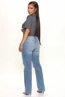 Fashion Nova Hip Hugging Low Rise Straight Leg Jeans - Medium Blue Wash