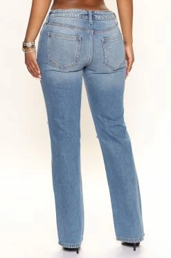 Fashion Nova Hip Hugging Low Rise Straight Leg Jeans - Medium Blue Wash