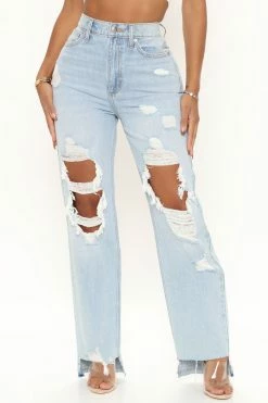 Fashion Nova Amsterdam Ripped Straight Leg Jeans - Light Blue Wash