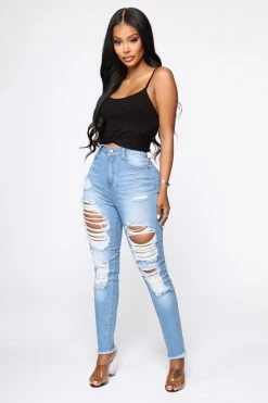 Fashion Nova Walking Away Distressed Skinny Jeans - Light Blue Wash