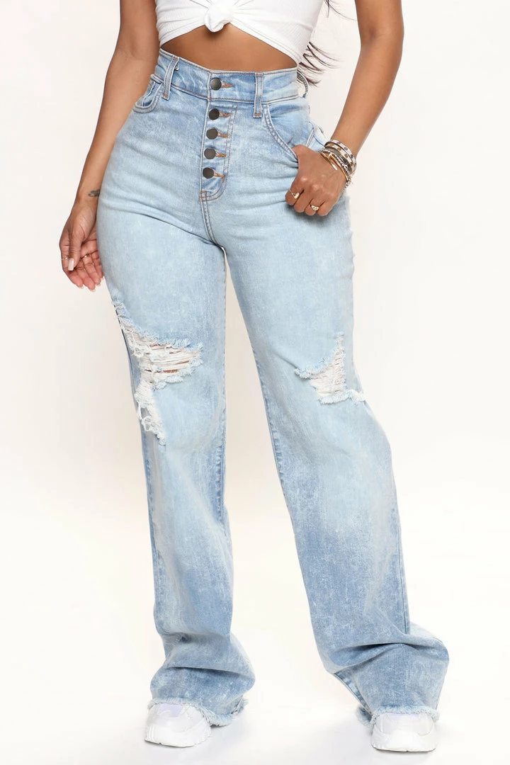 Fashion Nova East Coast Exposed Button Wide Leg Jeans - Stone Blue Wash