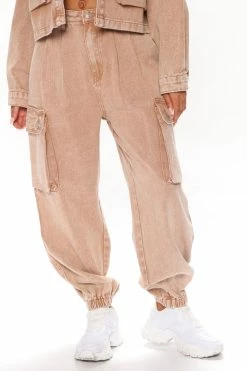 Fashion Nova Keep Dreaming Mineral Wash Denim Jogger - Camel Baggy Jeans