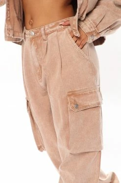Fashion Nova Keep Dreaming Mineral Wash Denim Jogger - Camel Baggy Jeans
