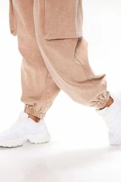 Fashion Nova Keep Dreaming Mineral Wash Denim Jogger - Camel Baggy Jeans