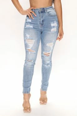 Fashion Nova The Comeback Destructed Skinny Jeans - Light Blue Wash