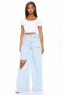 Fashion Nova Tongue In Cheek Ripped Wide Leg Jeans - Light Wash