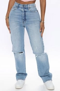 Fashion Nova As You Please Ripped Straight Leg Jeans - Light Blue Wash