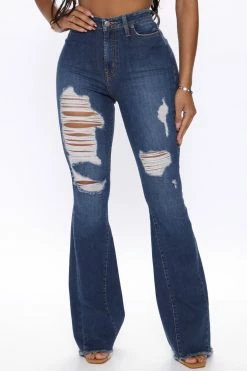 Fashion Nova Soft Spot Ripped Flare Jeans - Dark Wash