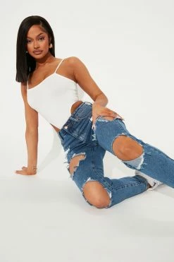 Fashion Nova Mom Jeans Cara Distressed Boyfriend Jeans - Dark Denim