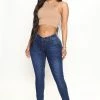 Fashion Nova Kennedy Mid Rise Skinny Jeans - Dark Denim