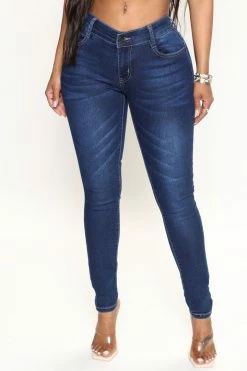 Fashion Nova Kennedy Mid Rise Skinny Jeans - Dark Denim