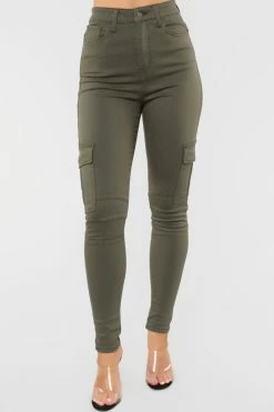 Fashion Nova Skinny Jeans Let's Go All The Way Cargo Jeans - Olive