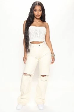 Fashion Nova Basic Ripped Knee Wide Leg Jeans - Cream Baggy Jeans