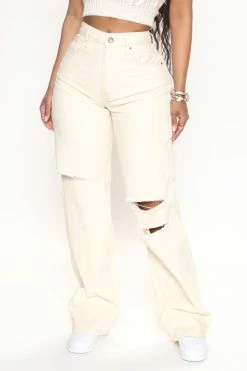 Fashion Nova Basic Ripped Knee Wide Leg Jeans - Cream Baggy Jeans