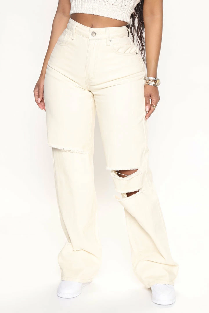 Outlet 🥰 Fashion Nova Basic Ripped Knee Wide Leg 👖 Jeans - Cream Baggy 👖 Jeans 💯 4 Fashion Nova Basic Ripped Knee Wide Leg Jeans - Cream Baggy Jeans