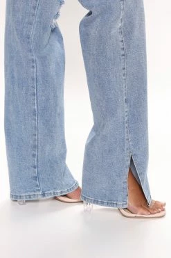 Fashion Nova Tall Don't Give A Slit Ripped Straight Leg Jeans - Medium Blue Wash Skinny Jeans